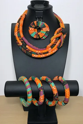 Abara Bamileke African Print Knot Jewelry Set ( Necklace - Bracelets - Earrings)