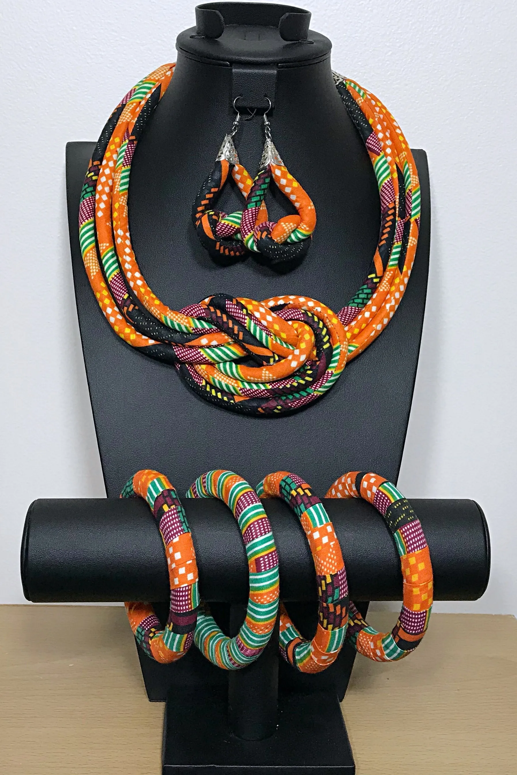 Abara Bamileke African Print Knot Jewelry Set ( Necklace - Bracelets - Earrings)
