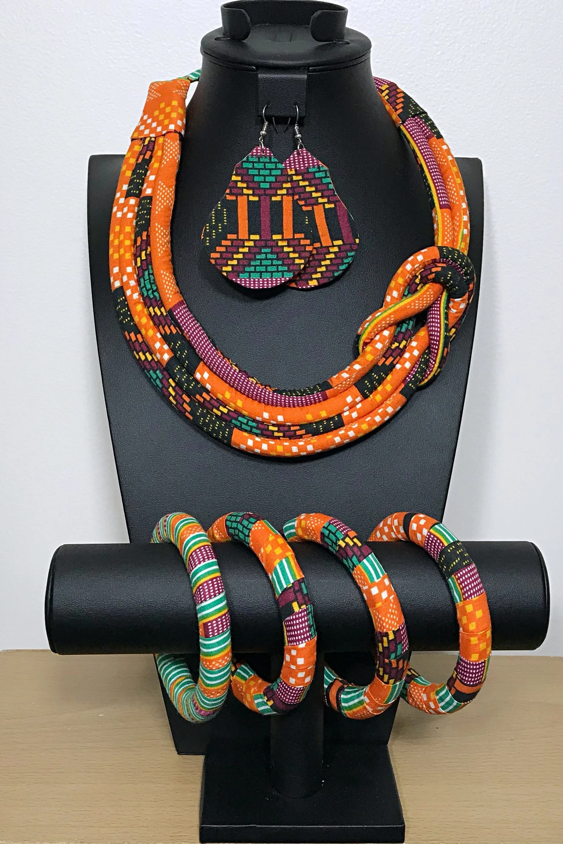 Abara Bamileke African Print Knot Jewelry Set ( Necklace - Bracelets - Earrings)