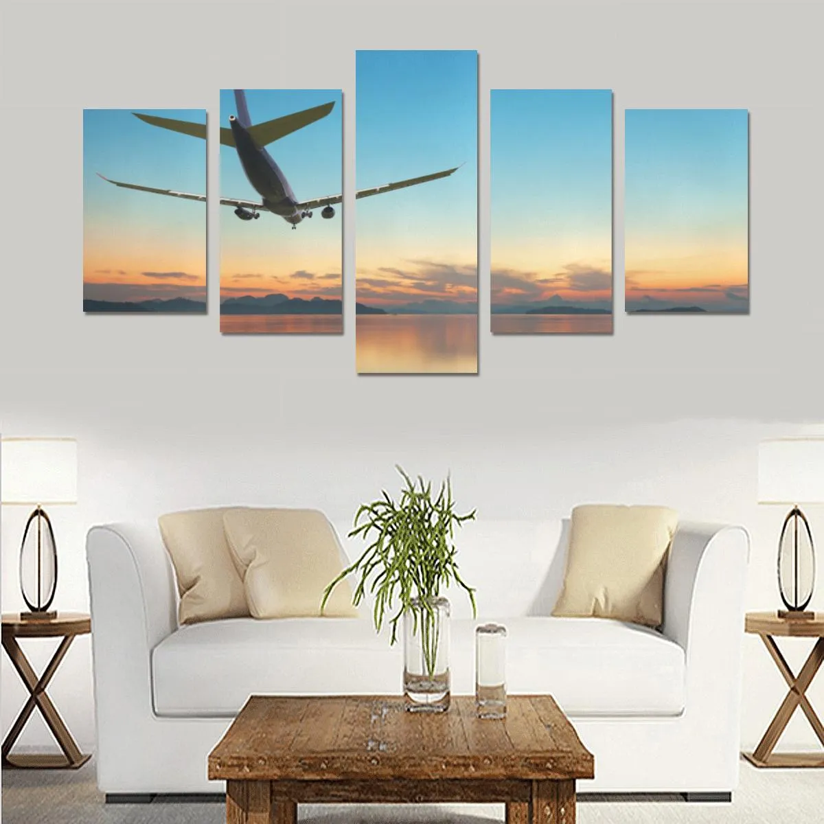 AIRPLANE FLYING OVER TROPICAL SEAIRBUS AT BEAUTIFUL SUN CANVAS PRINT SETS C (NO FRAME)