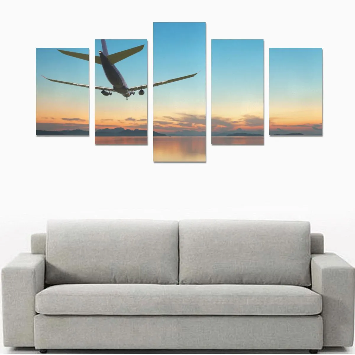 AIRPLANE FLYING OVER TROPICAL SEAIRBUS AT BEAUTIFUL SUN CANVAS PRINT SETS C (NO FRAME)