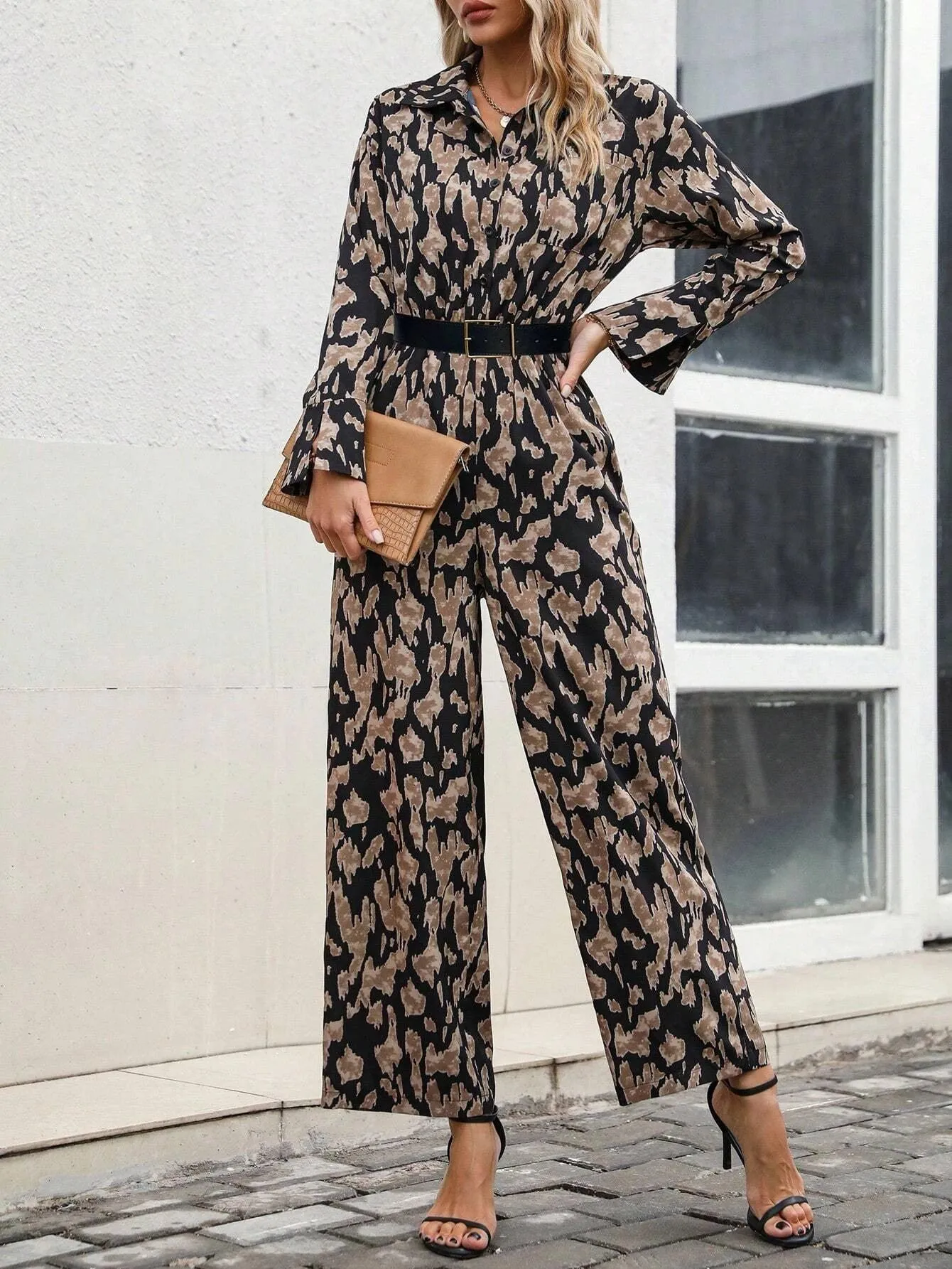 Allover Print Drop Shoulder Patched Pocket Jumpsuit