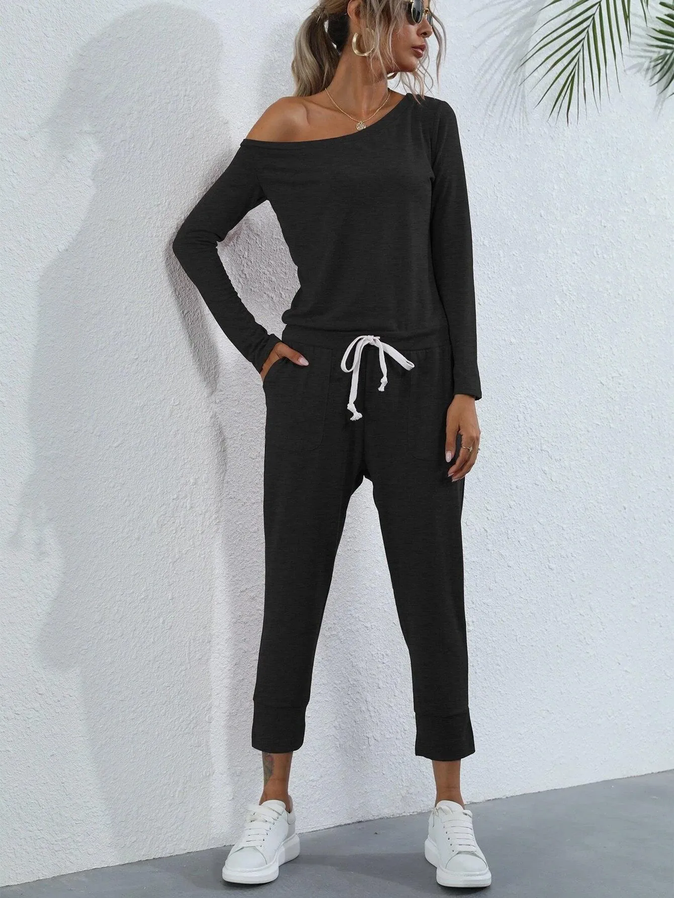 Asymmetrical Neck Drawstring Waist Jumpsuit
