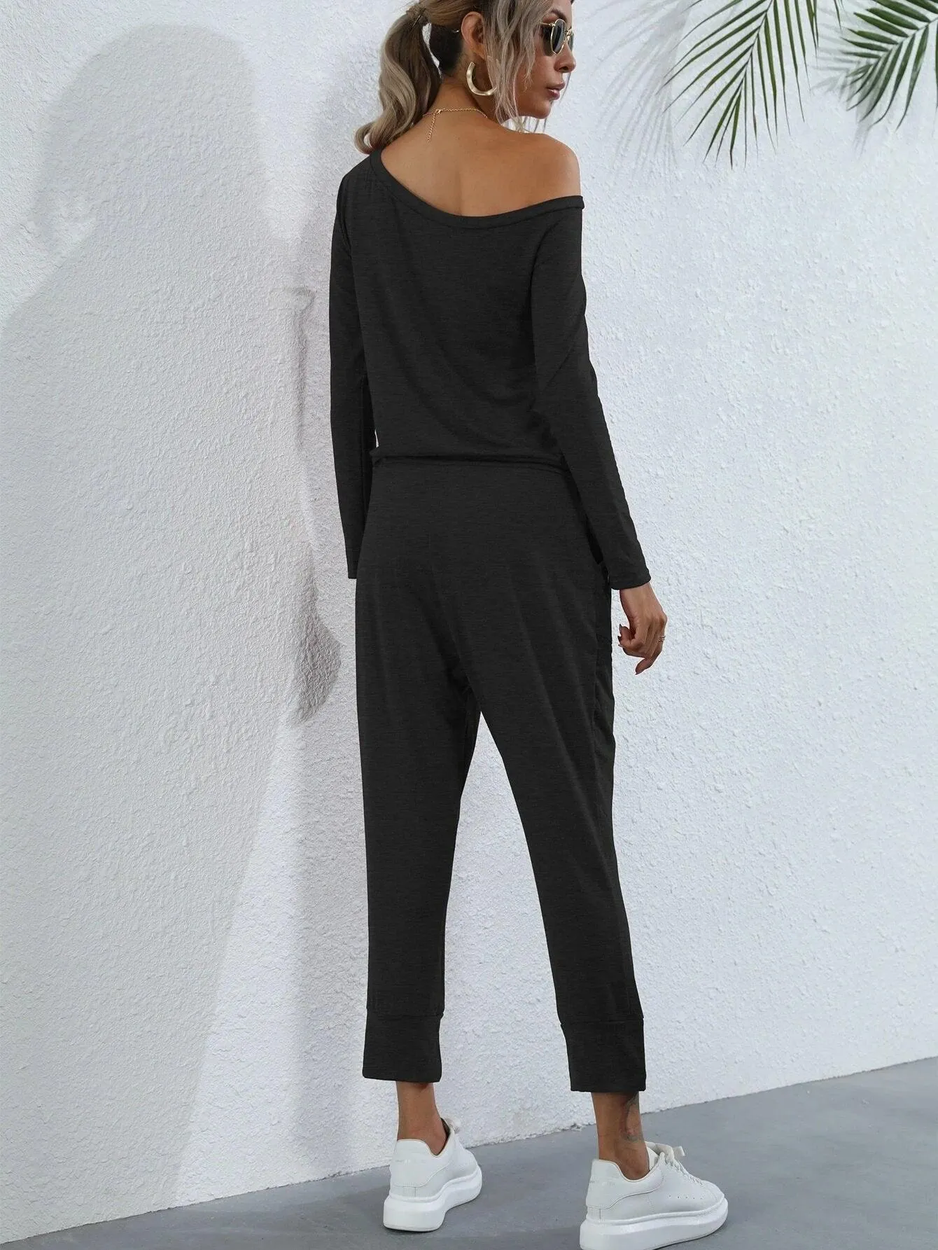 Asymmetrical Neck Drawstring Waist Jumpsuit