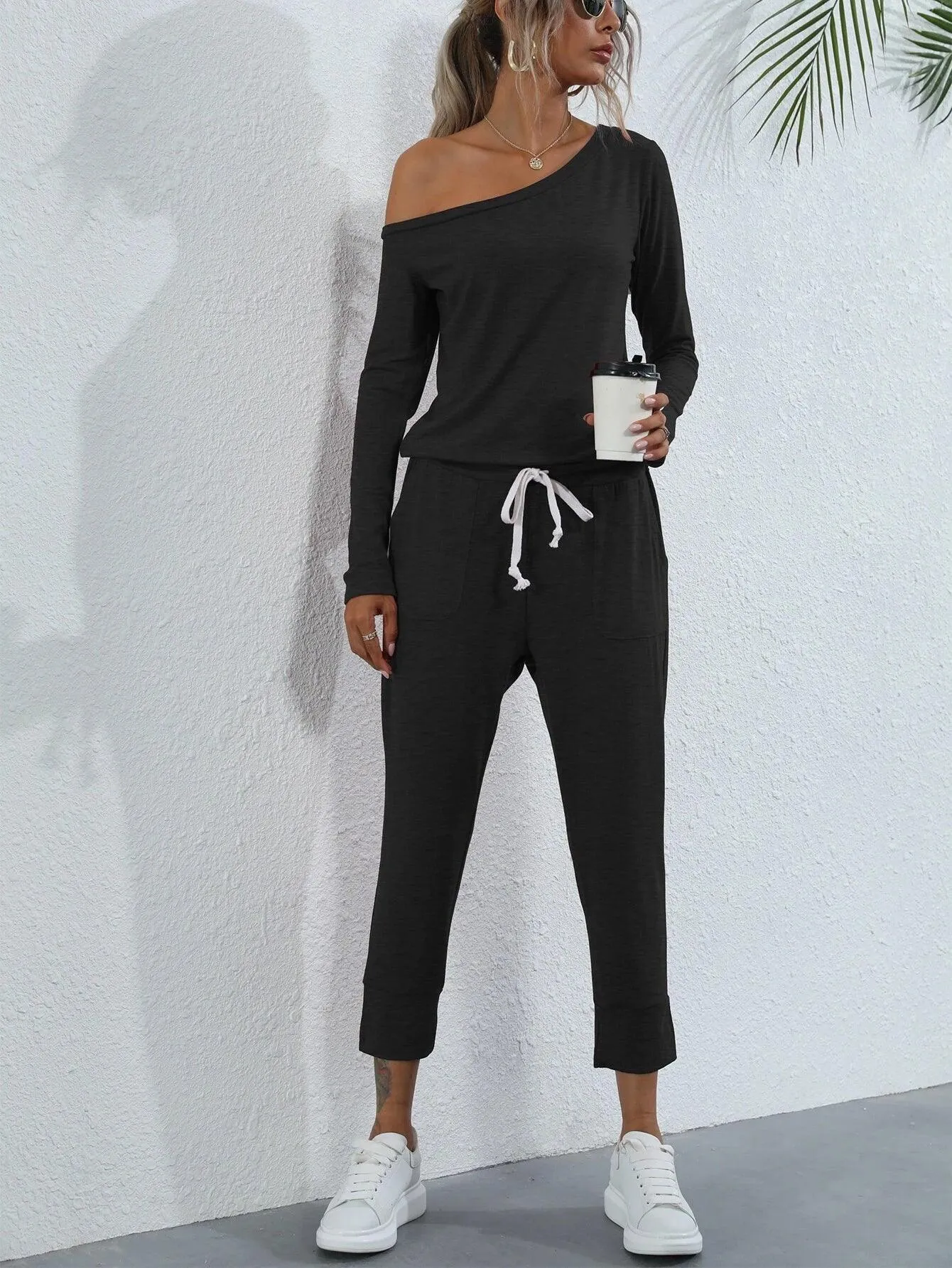 Asymmetrical Neck Drawstring Waist Jumpsuit