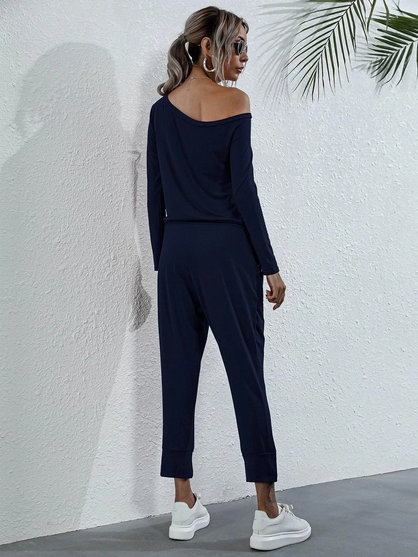 Asymmetrical Neck Drawstring Waist Jumpsuit