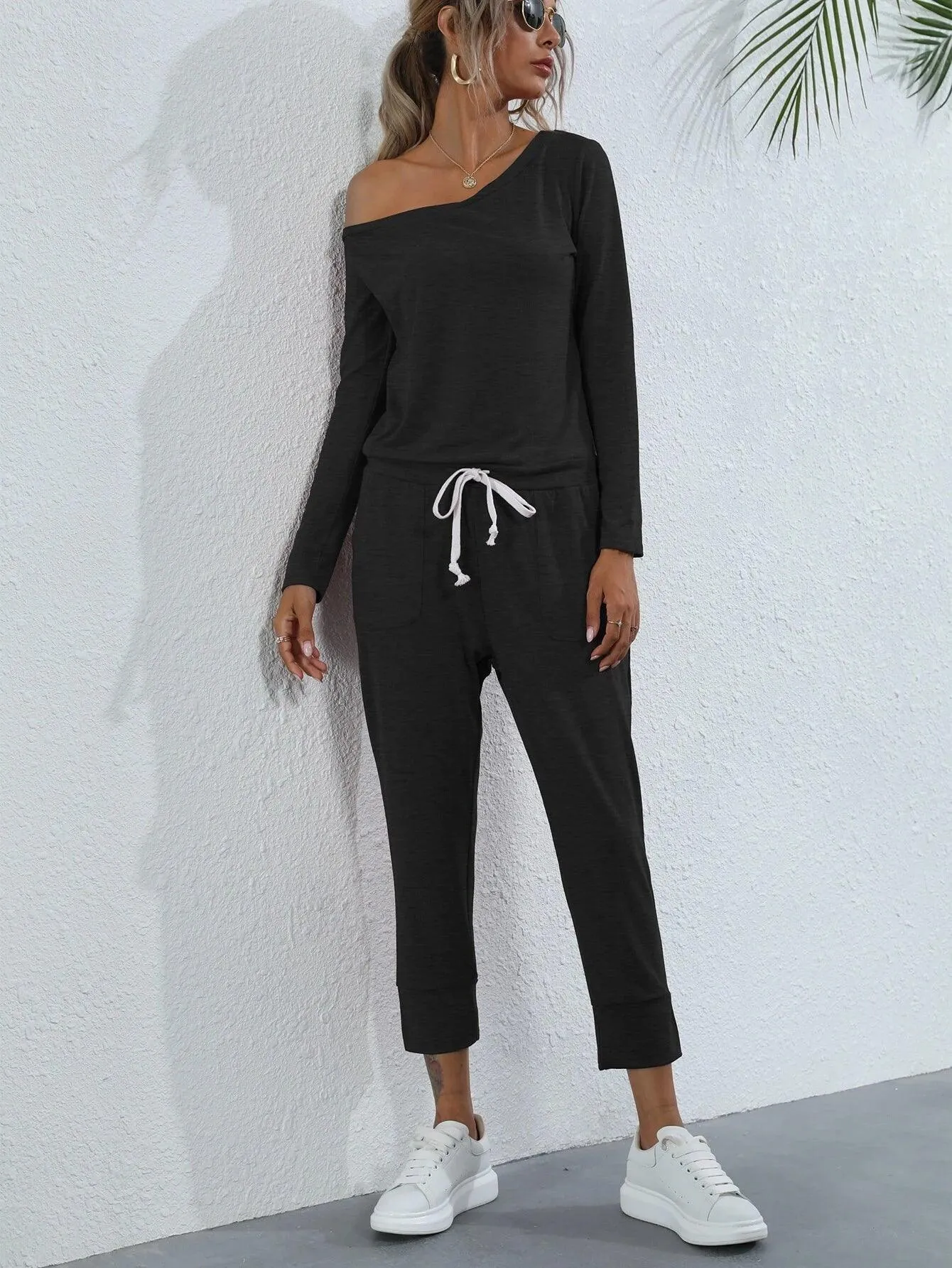 Asymmetrical Neck Drawstring Waist Jumpsuit
