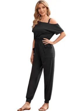 Asymmetrical Neck Patch Pocket Jumpsuit