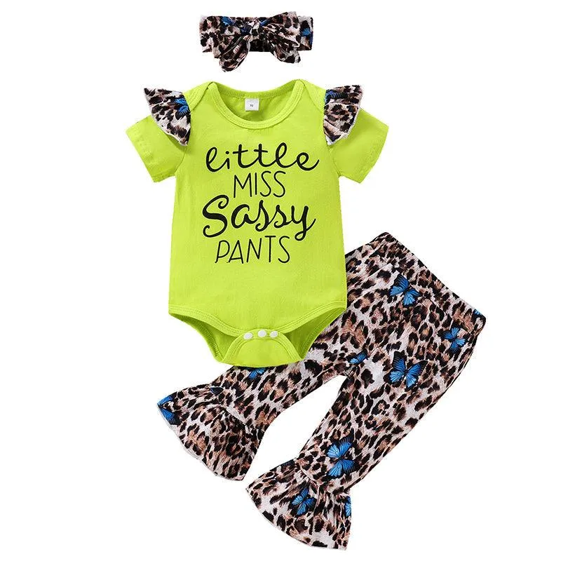Baby Girl Letter Print Bodysuit And Leopard-Print Flared Pants With Headband Two Piece Baby Sets