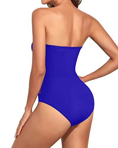 Bandeau One Piece Swimsuit With Tummy Control And Ruched Shirring-Royal Blue