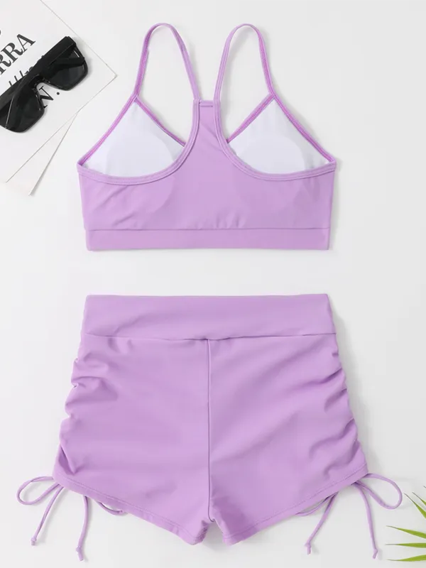 Beachwear Ruched High-Waist Shorts & Sporty Top Bathing Suit Set