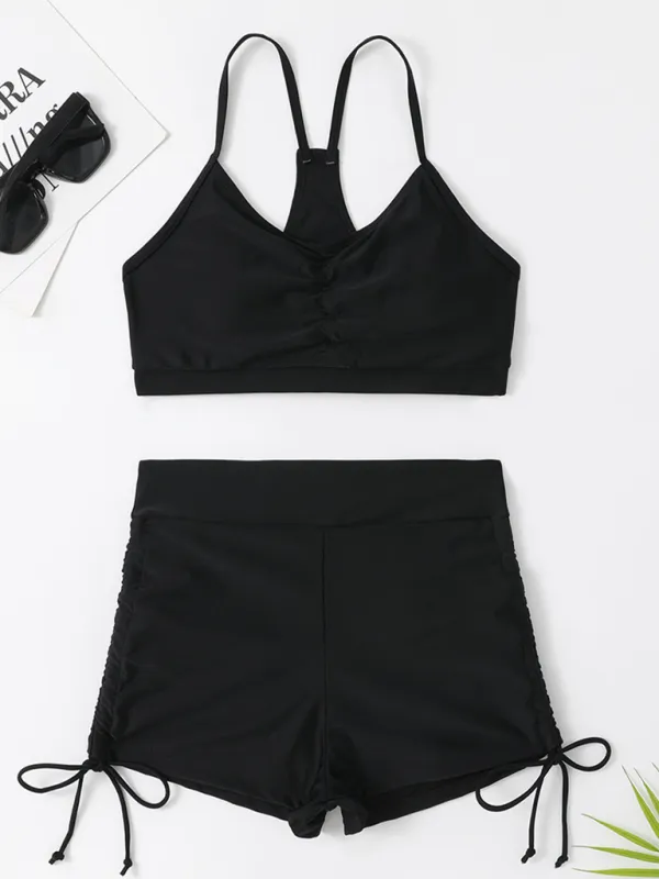 Beachwear Ruched High-Waist Shorts & Sporty Top Bathing Suit Set