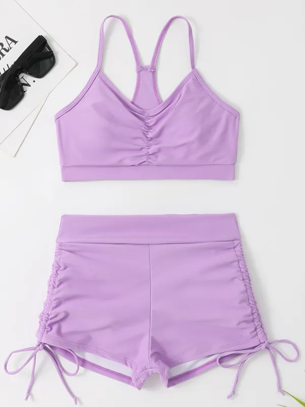 Beachwear Ruched High-Waist Shorts & Sporty Top Bathing Suit Set