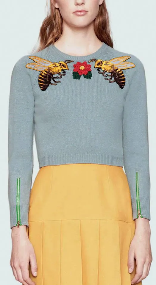 Bee-Embroidered Short Knit Sweater in Light Blue