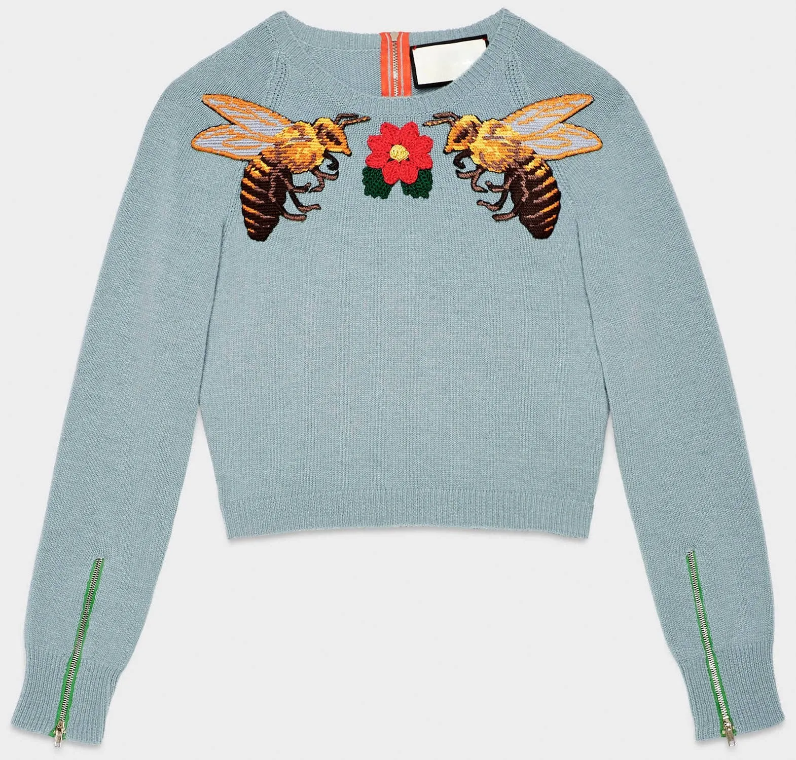 Bee-Embroidered Short Knit Sweater in Light Blue