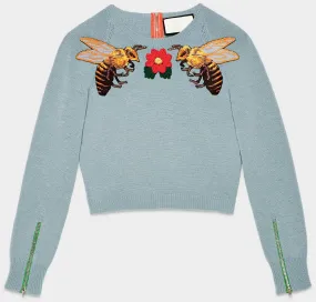 Bee-Embroidered Short Knit Sweater in Light Blue