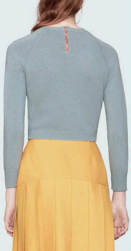 Bee-Embroidered Short Knit Sweater in Light Blue