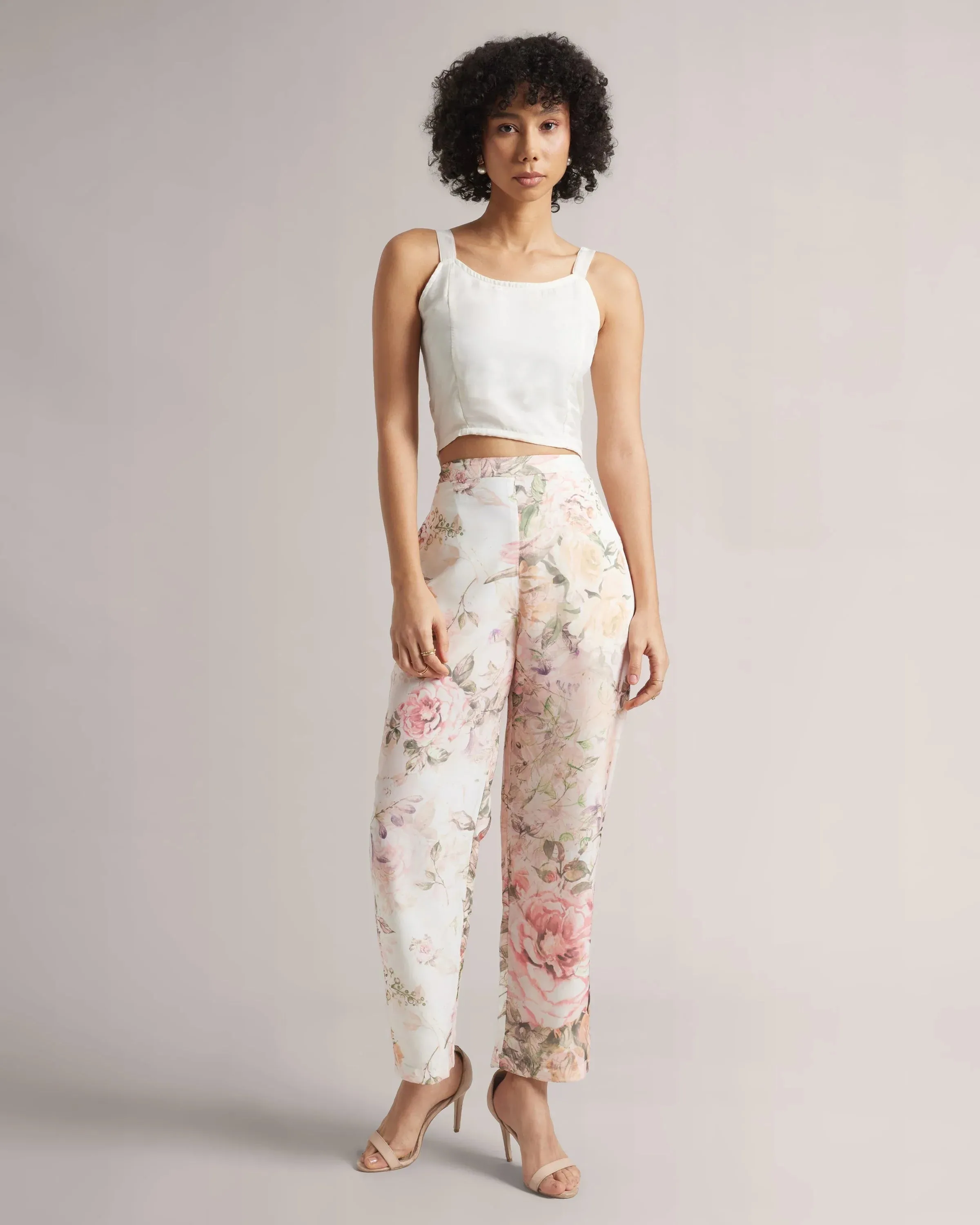 Beige Organza Rose Print Co-Ord Set