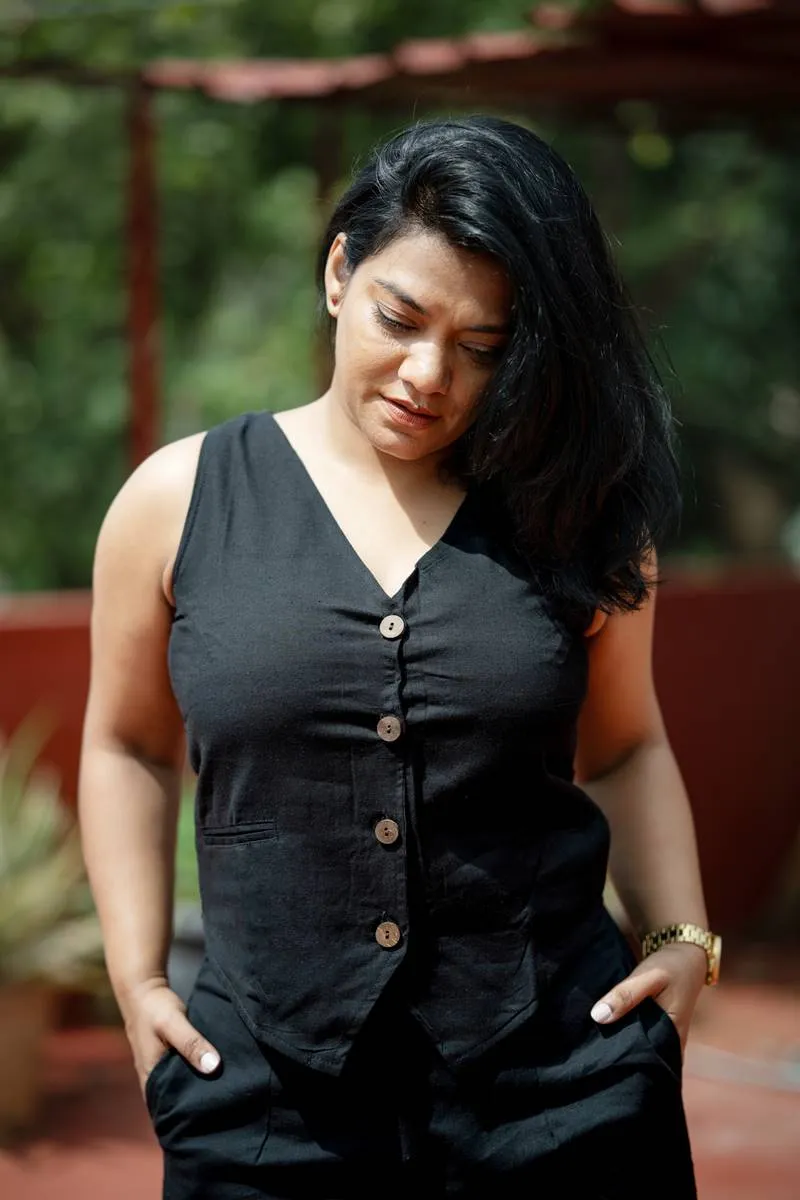 Black Handloom Cotton Waist Coat