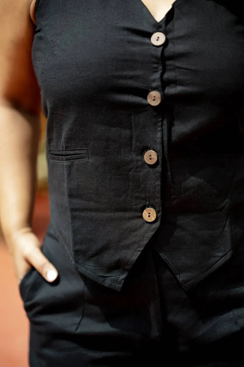 Black Handloom Cotton Waist Coat