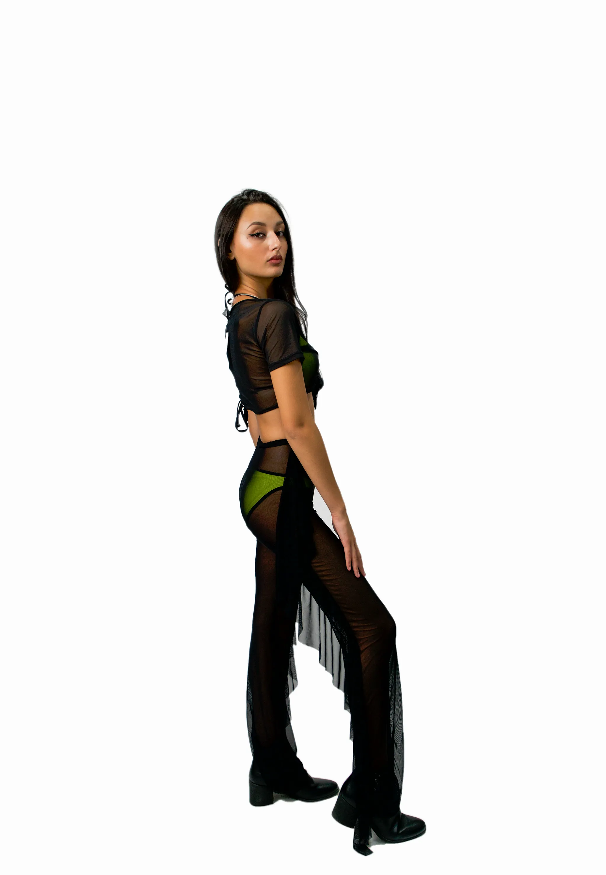 Black Two Piece Set Mesh Short Sleeve Beach Top And Pants Swimwear Cover Up