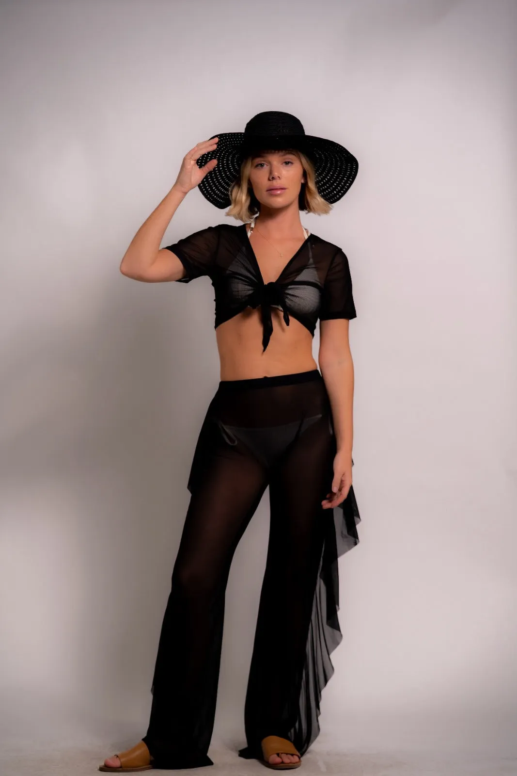 Black Two Piece Set Mesh Short Sleeve Beach Top And Pants Swimwear Cover Up