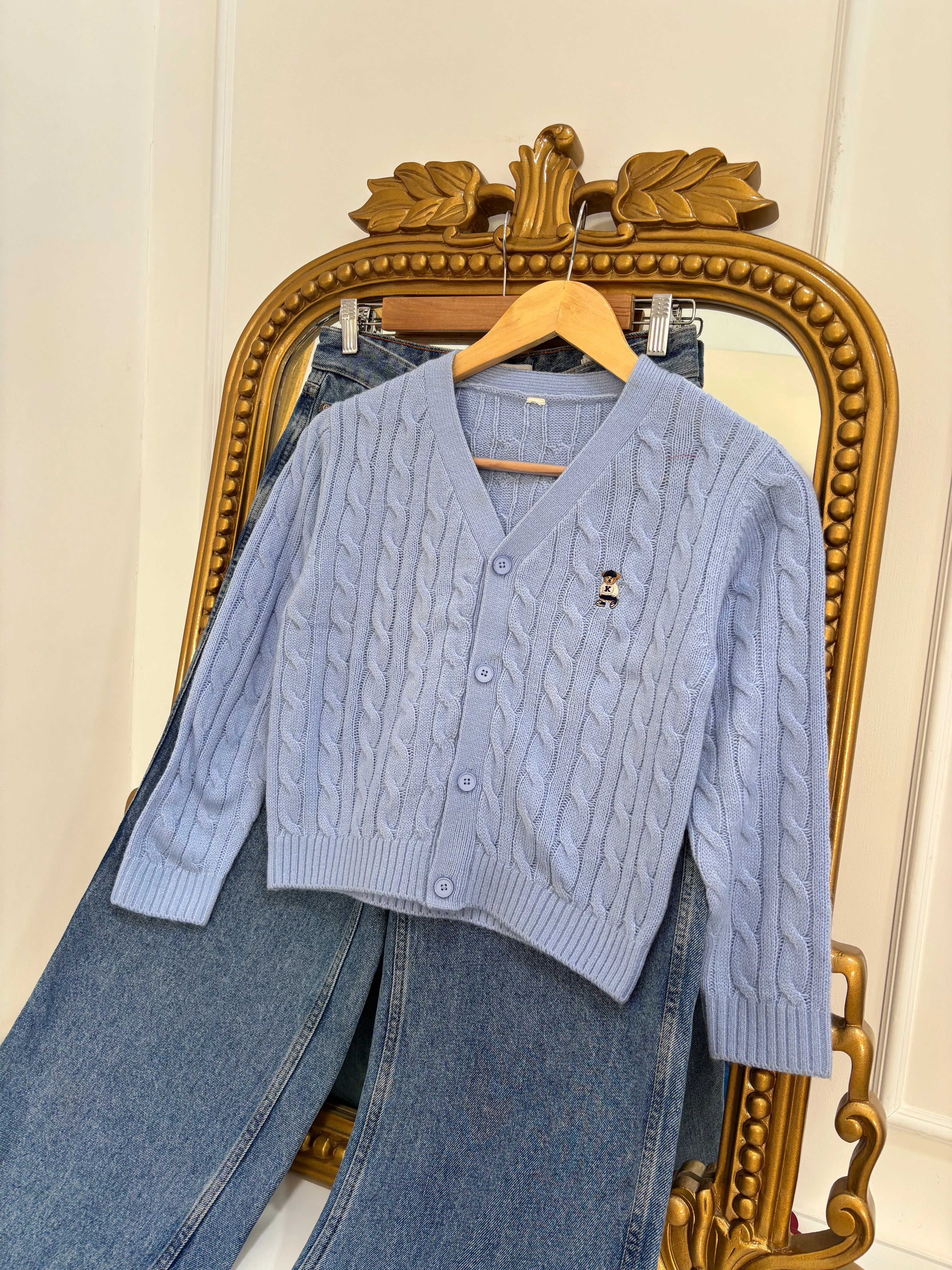 Blue Teddy Embroidered Cardigan (XS)