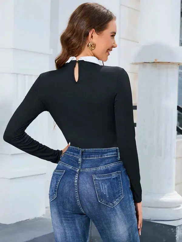 Blue Zone Planet |  Lapel Color block long sleeve bodysuit