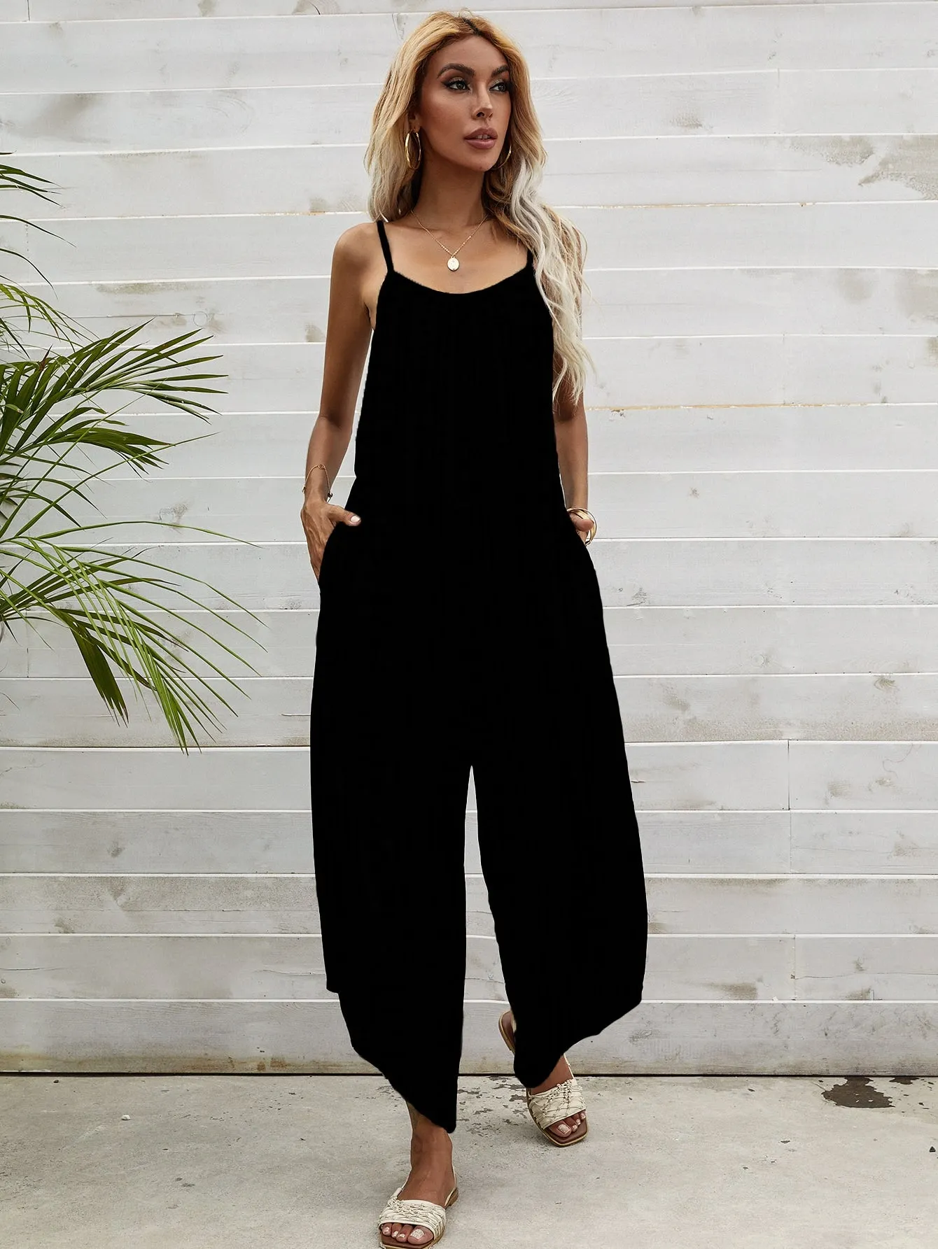 Boho Tribal Pocket Sleeveless Spaghetti Strap Natural Long Women Jumpsuit