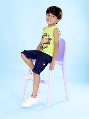 Boys Sleeveless Printed Tee With Cotton Twill Cargo Shorts Set