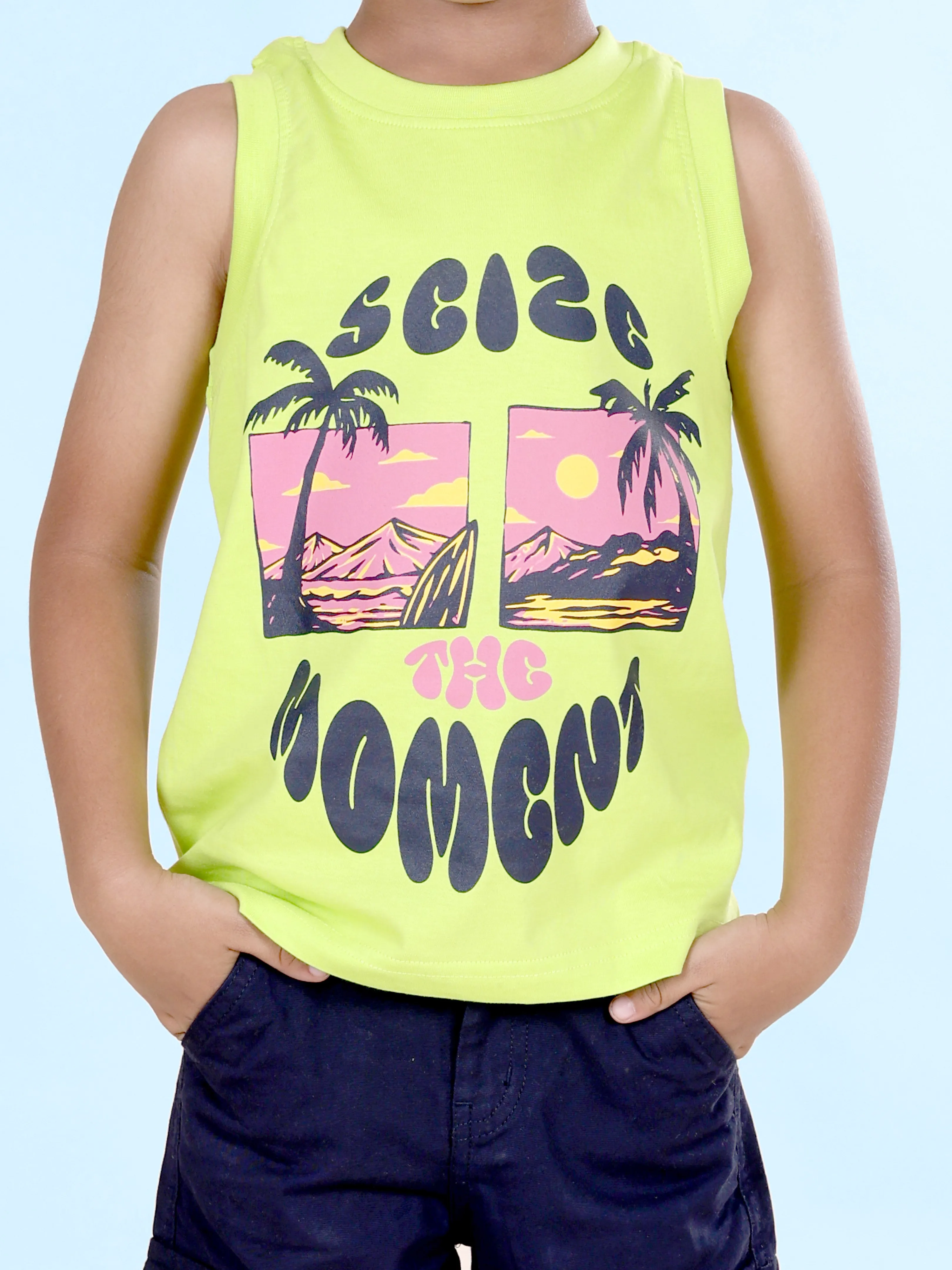 Boys Sleeveless Printed Tee With Cotton Twill Cargo Shorts Set