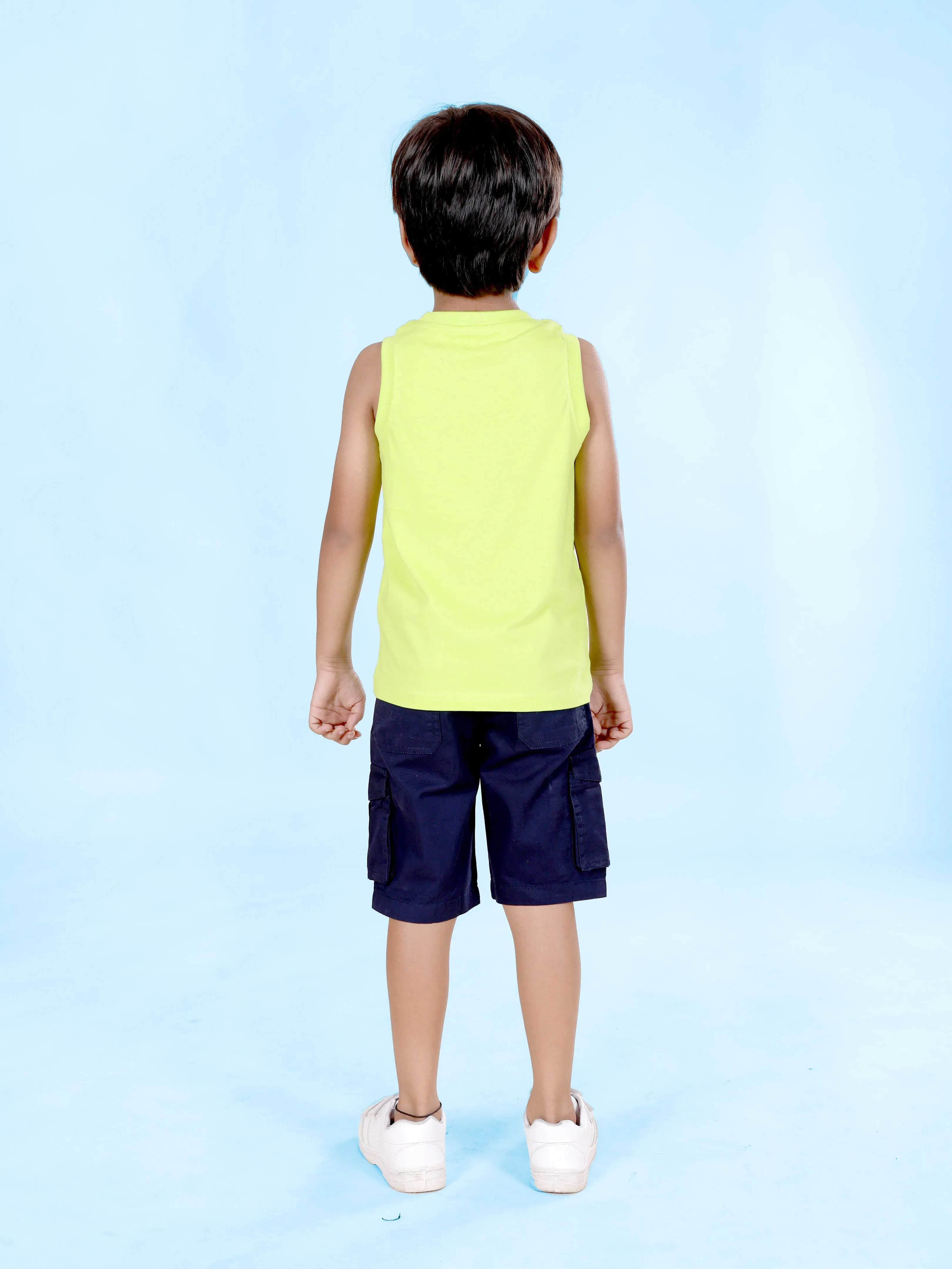 Boys Sleeveless Printed Tee With Cotton Twill Cargo Shorts Set