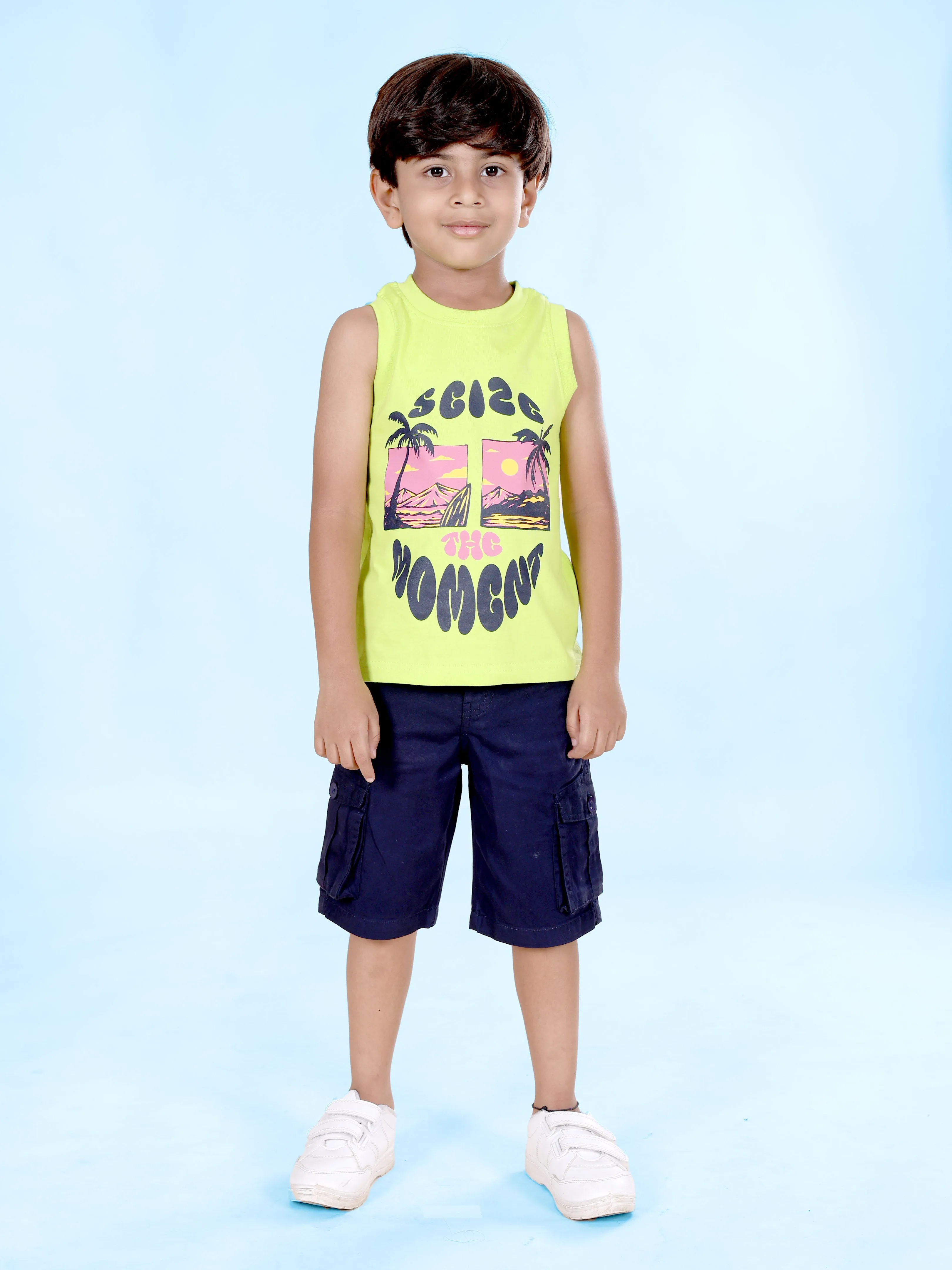 Boys Sleeveless Printed Tee With Cotton Twill Cargo Shorts Set