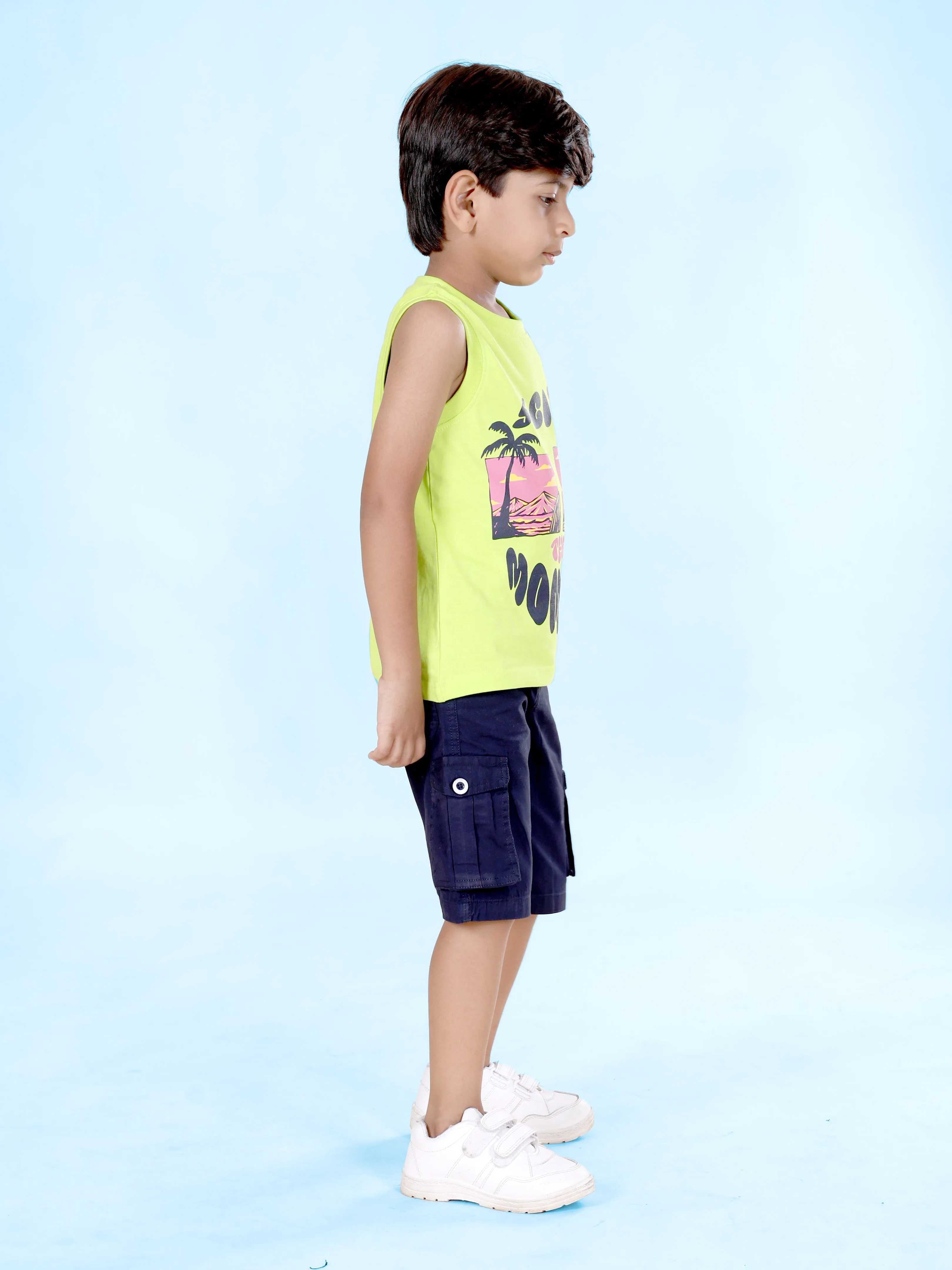 Boys Sleeveless Printed Tee With Cotton Twill Cargo Shorts Set