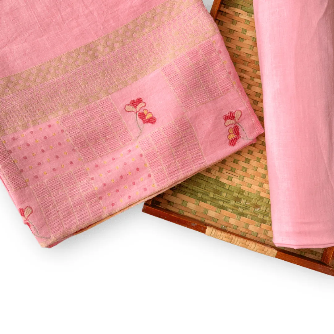 Bright Pink Blushing Blooms Woven Pure Linen Kurta Fabric (2.5 Meters) | and Cotton Pyjama (2.5 Meters) | Unstitched Combo Set