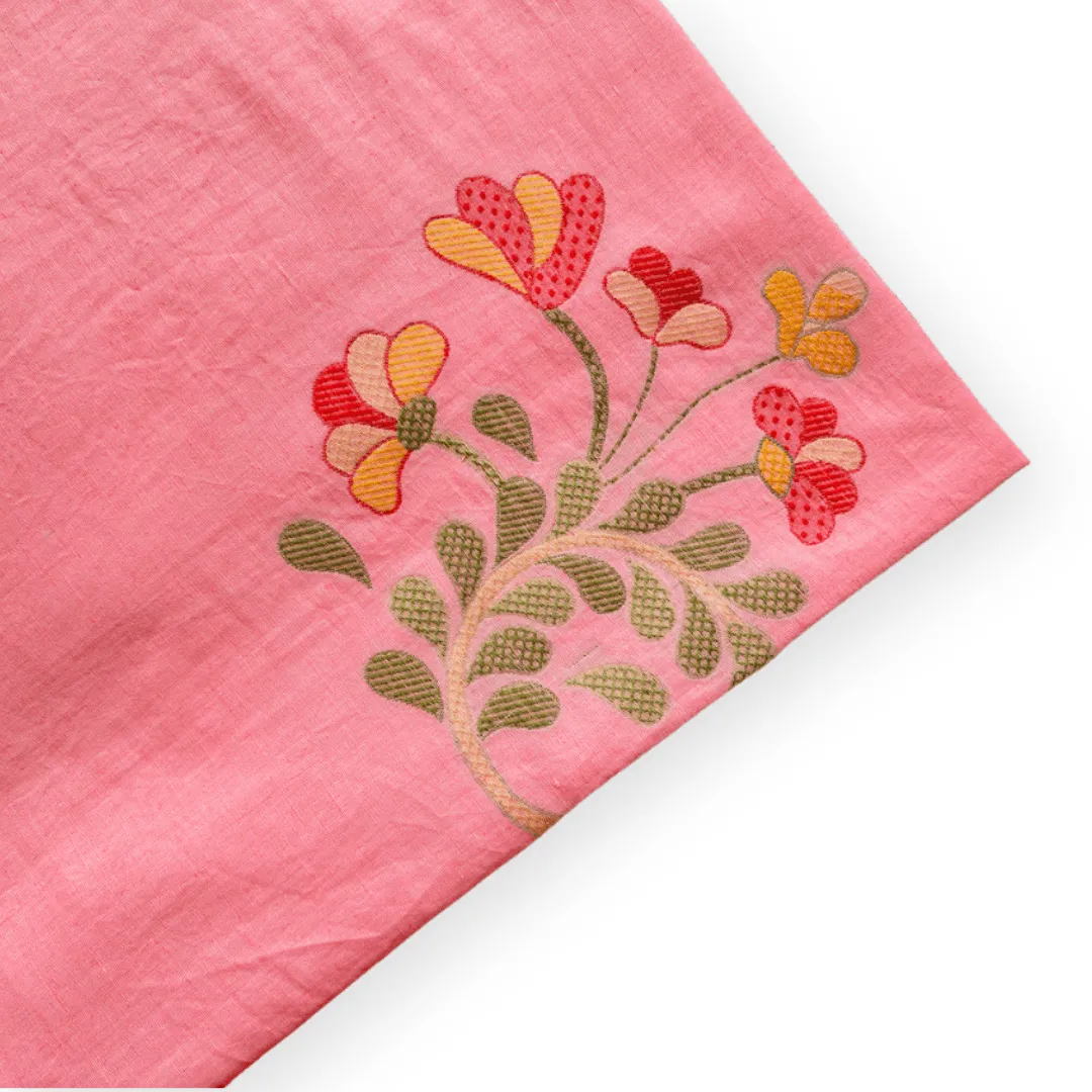Bright Pink Blushing Blooms Woven Pure Linen Kurta Fabric (2.5 Meters) | and Cotton Pyjama (2.5 Meters) | Unstitched Combo Set