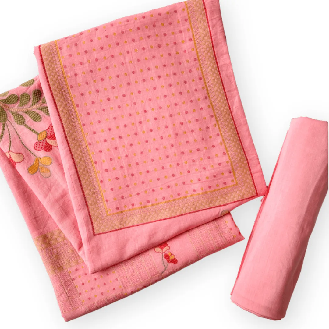 Bright Pink Blushing Blooms Woven Pure Linen Kurta Fabric (2.5 Meters) | and Cotton Pyjama (2.5 Meters) | Unstitched Combo Set
