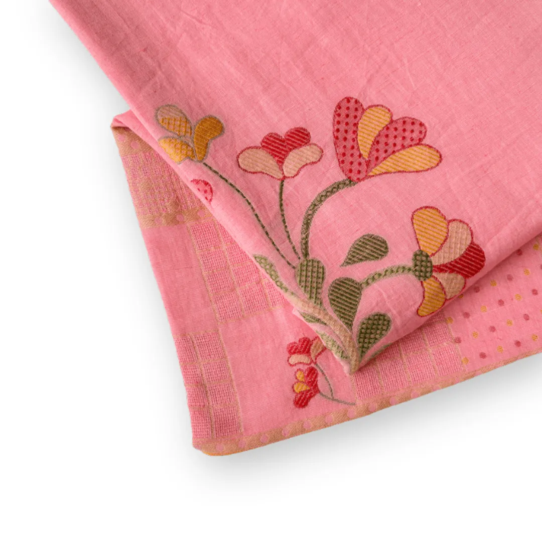 Bright Pink Blushing Blooms Woven Pure Linen Kurta Fabric (2.5 Meters) | and Cotton Pyjama (2.5 Meters) | Unstitched Combo Set