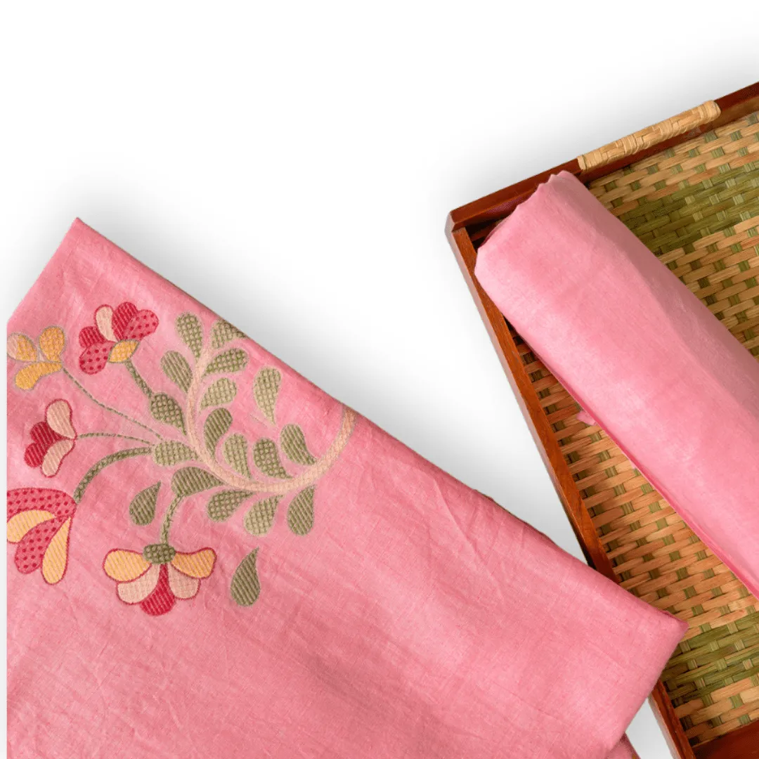 Bright Pink Blushing Blooms Woven Pure Linen Kurta Fabric (2.5 Meters) | and Cotton Pyjama (2.5 Meters) | Unstitched Combo Set