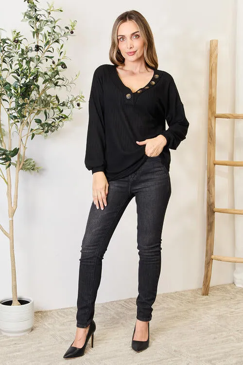 Brushed Waffle V-Neck Button Detail Sweater