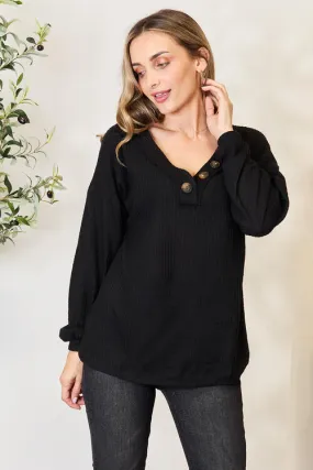 Brushed Waffle V-Neck Button Detail Sweater