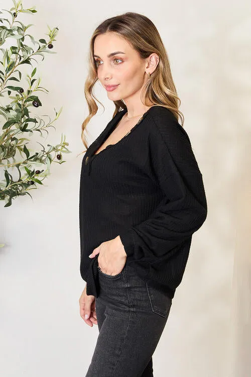 Brushed Waffle V-Neck Button Detail Sweater