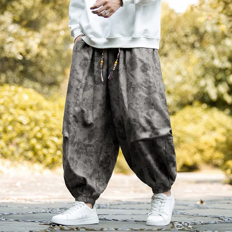 Buddha Stones Casual Flower Corduroy Cotton Men's Pants With Big Pockets