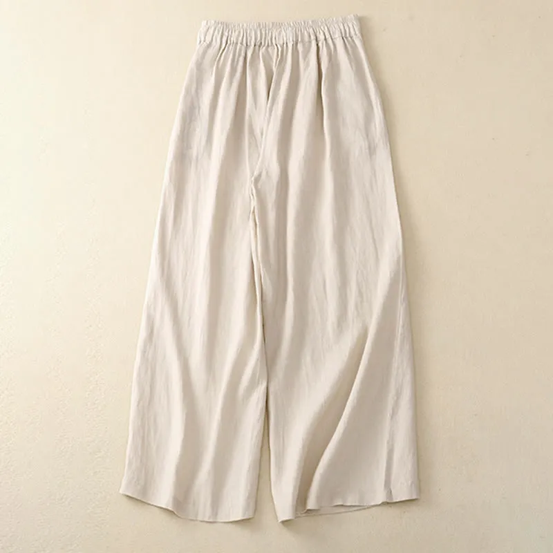 Buddha Stones Casual Plain High Waist Women's Cotton Linen Wide Leg Pants With Pockets