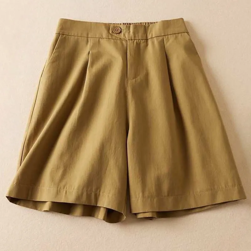 Buddha Stones Summer Casual Plain Cotton Linen Zipper Button Women's Shorts With Pockets