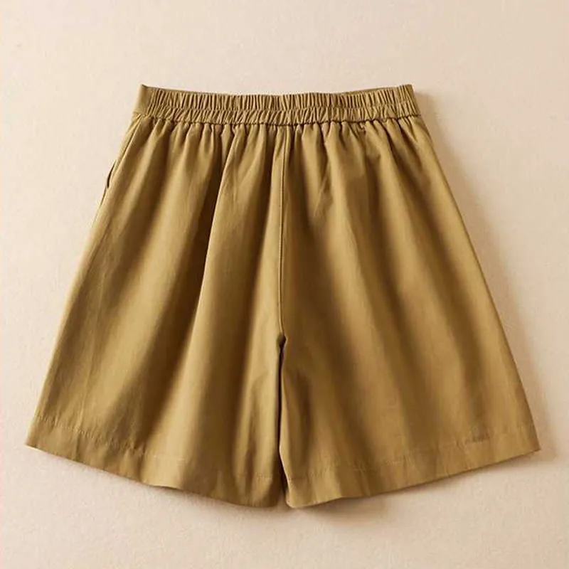 Buddha Stones Summer Casual Plain Cotton Linen Zipper Button Women's Shorts With Pockets