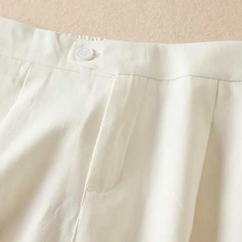 Buddha Stones Summer Casual Plain Cotton Linen Zipper Button Women's Shorts With Pockets