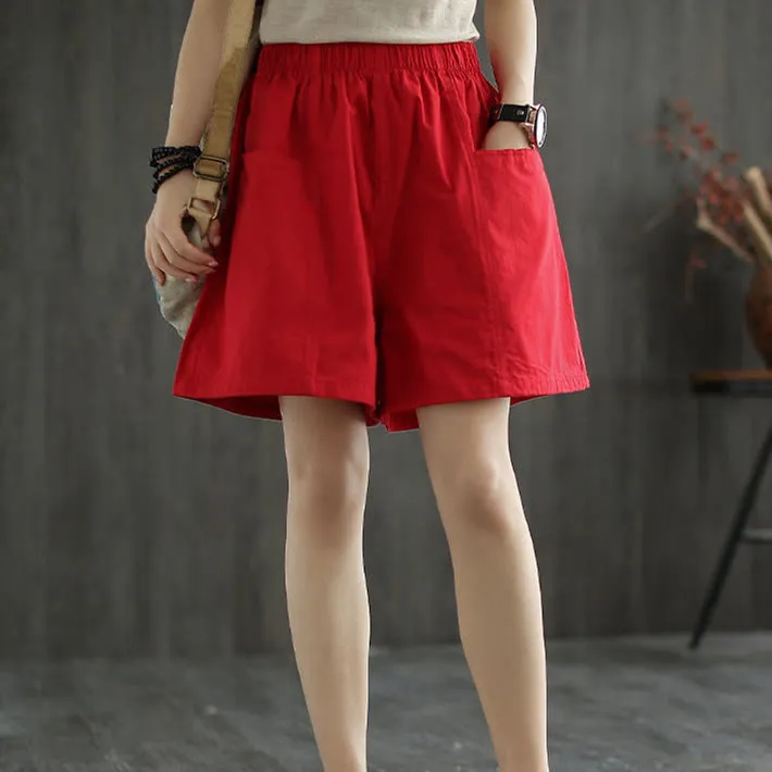 Buddha Stones Summer Casual Plain Straight Overalls Cotton Women's Shorts With Pockets