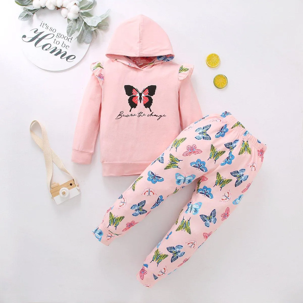 Butterfly Print Girl Sets Hoodie With Pants Wholesale Kids Clothes
