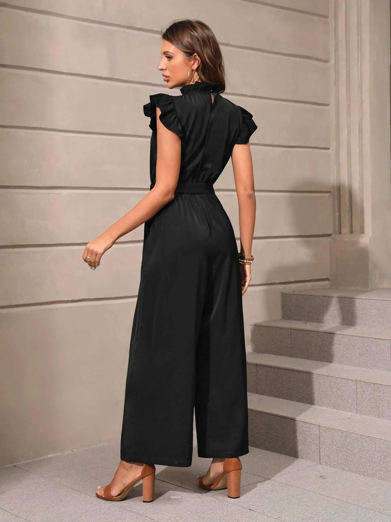 Butterfly Sleeve Slant Pocket Belted Wide Leg Jumpsuit